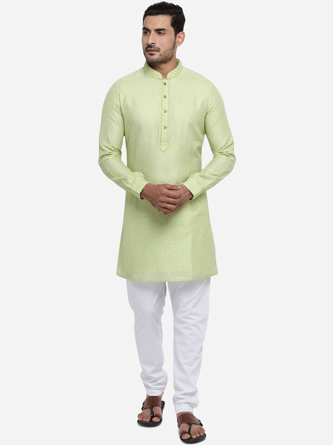 

azania Men Green Woven Design Straight Kurta