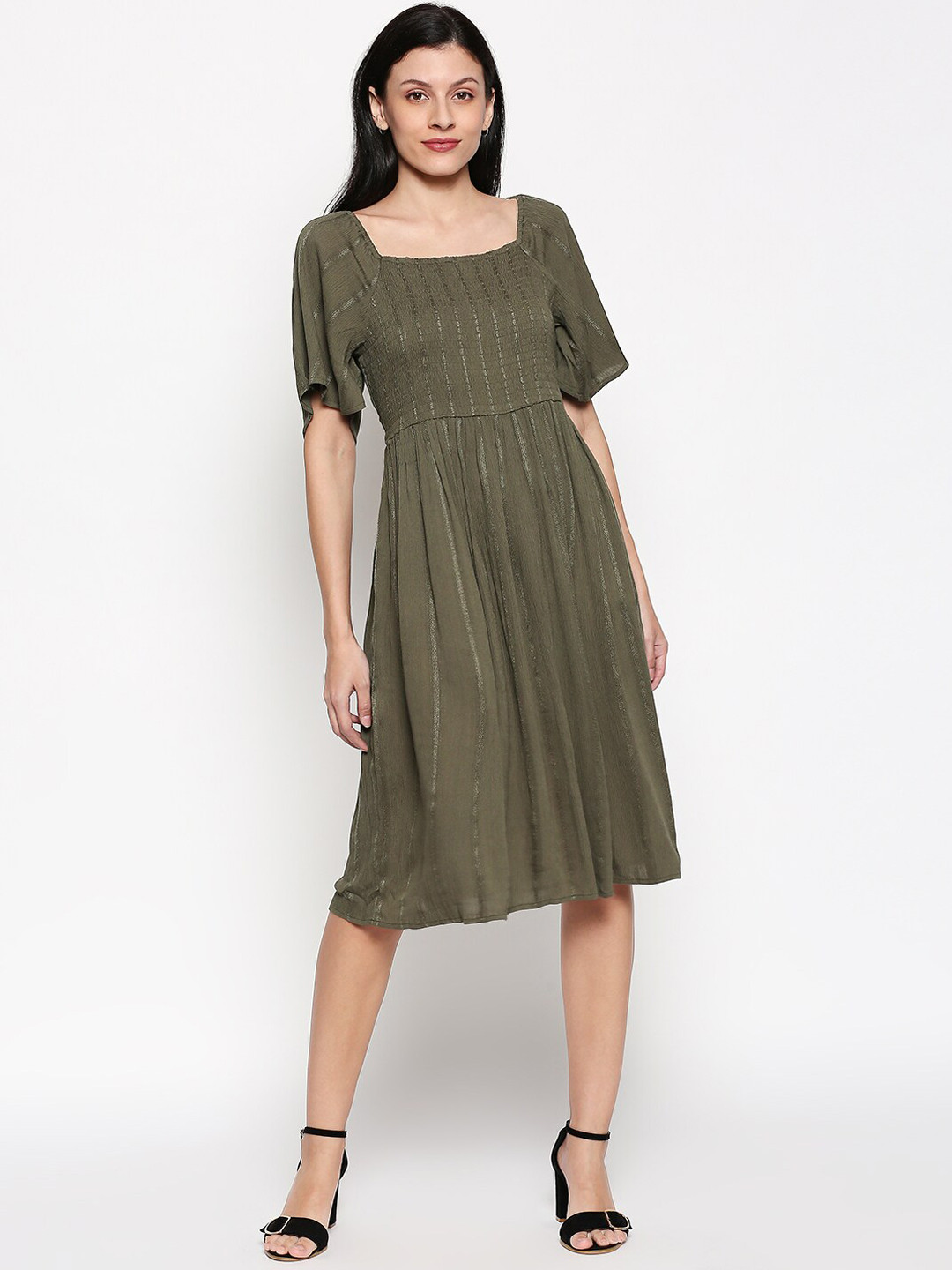 

Honey by Pantaloons Women Olive Green Self Design Fit and Flare Dress
