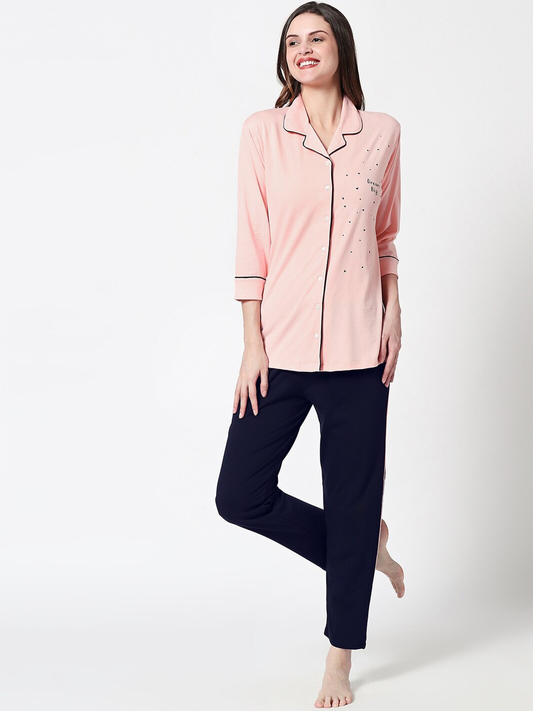 

Zeyo Women Peach-Colour & Navy Blue Printed Night Suit