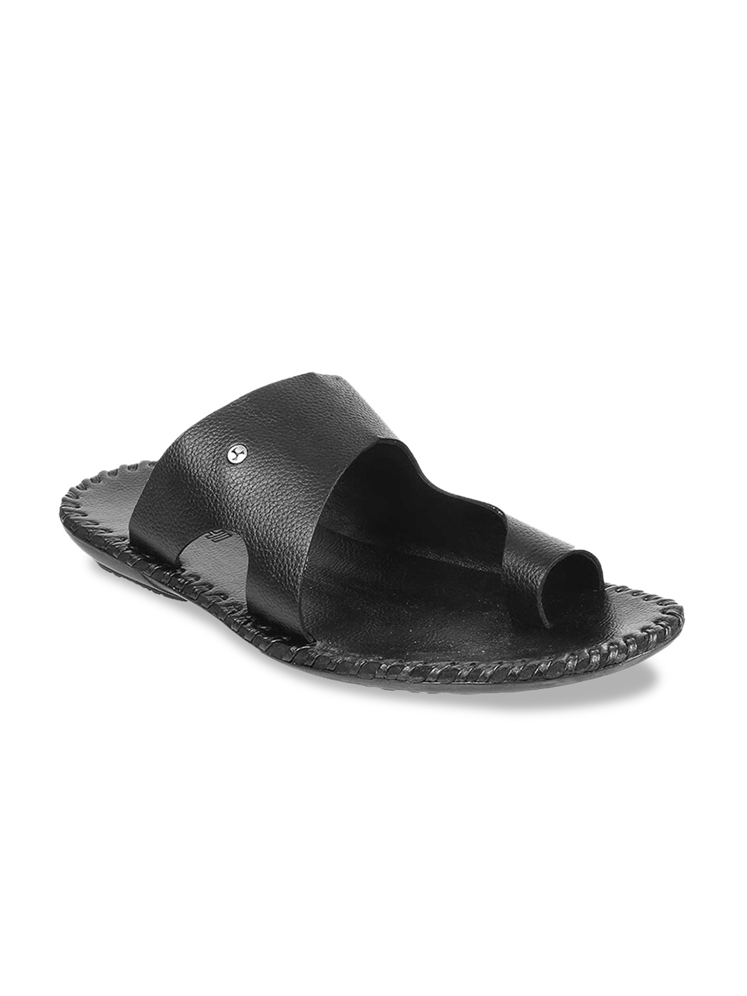 

Mochi Men Black Solid Leather Comfort Sandals