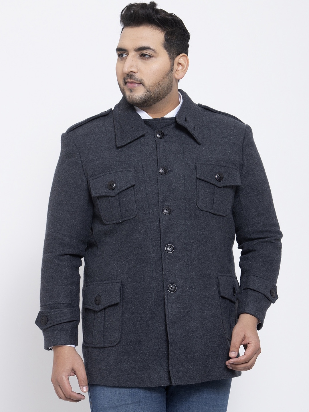 

plusS Men Charcoal Grey Solid Over Coat
