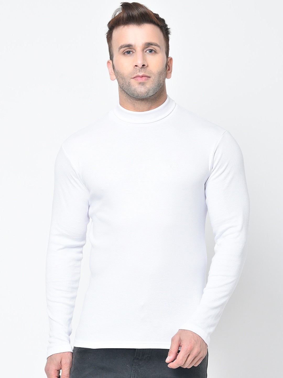 

CHKOKKO Men White Solid High Neck T-shirt