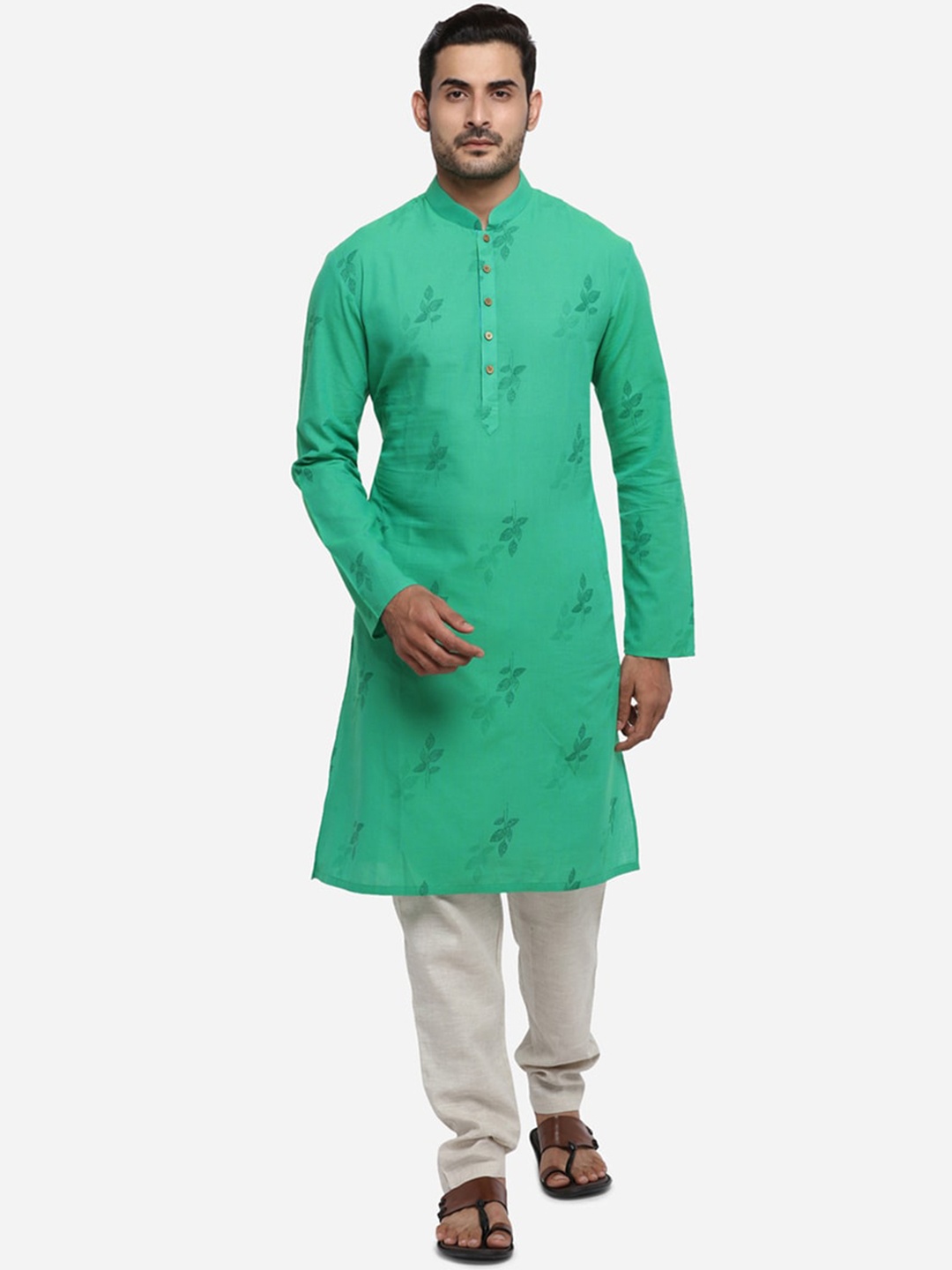 

azania Men Green Woven Design Straight Kurta