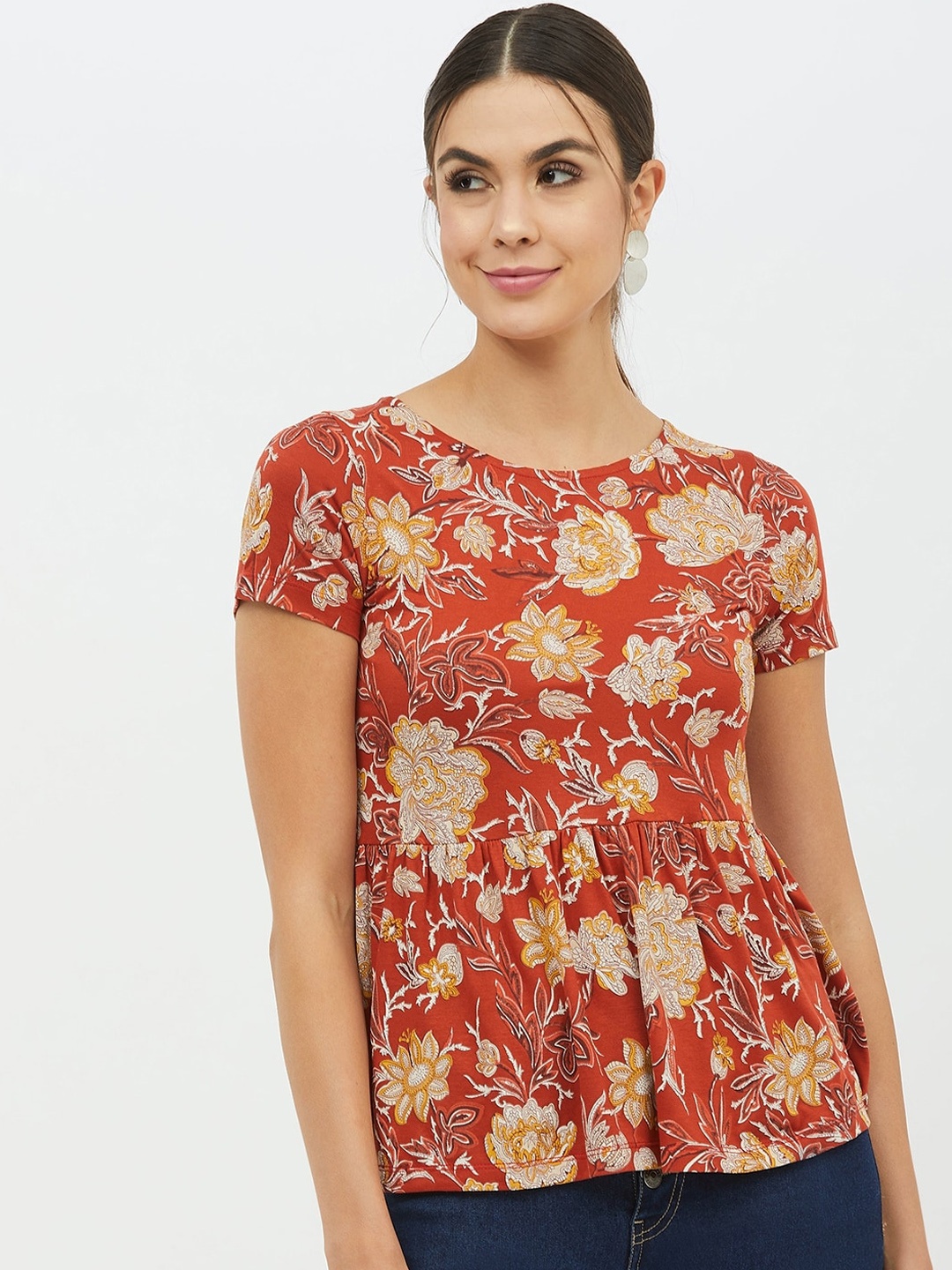 

Harpa Women Rust Red Printed Round Neck T-shirt
