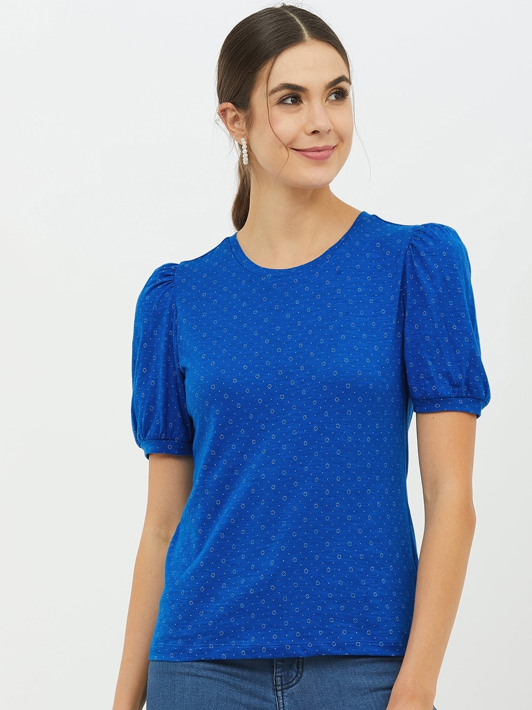

Harpa Women Blue Printed Round Neck T-shirt