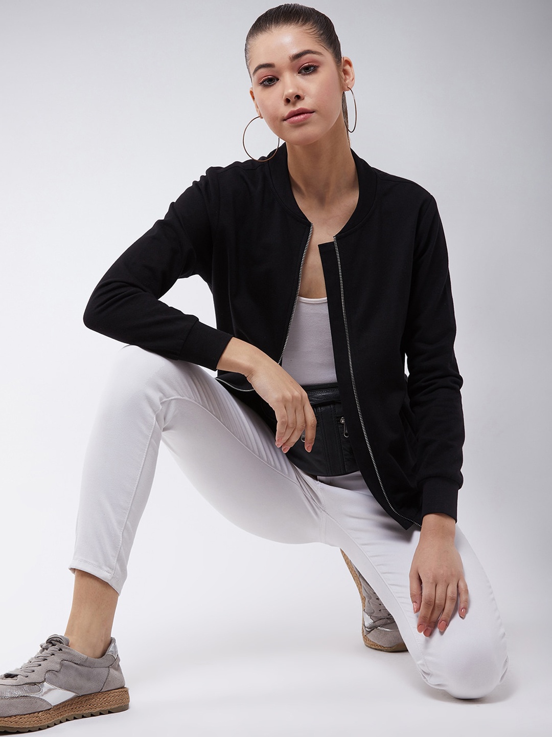 Miss Chase Women Black Solid Bomber Jacket