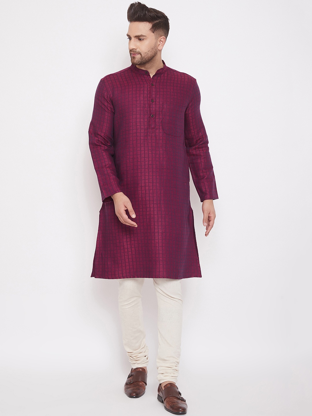 

even Men Maroon Checked Straight Kurta