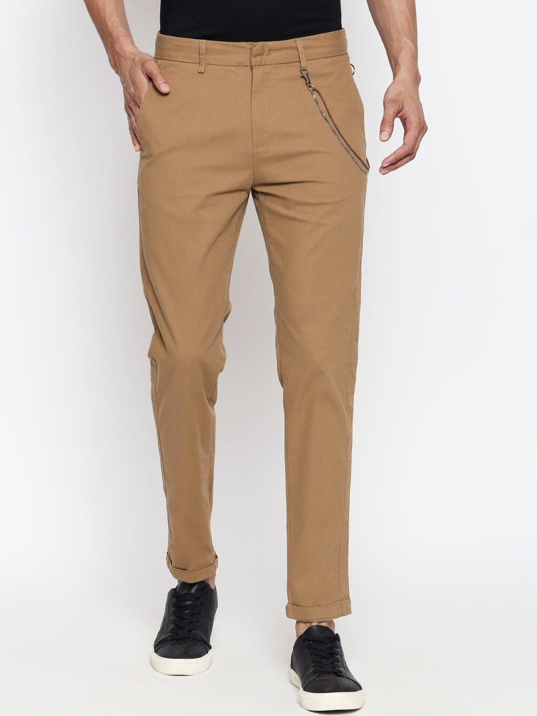 

People Men Khaki Skinny Fit Solid Regular Trousers