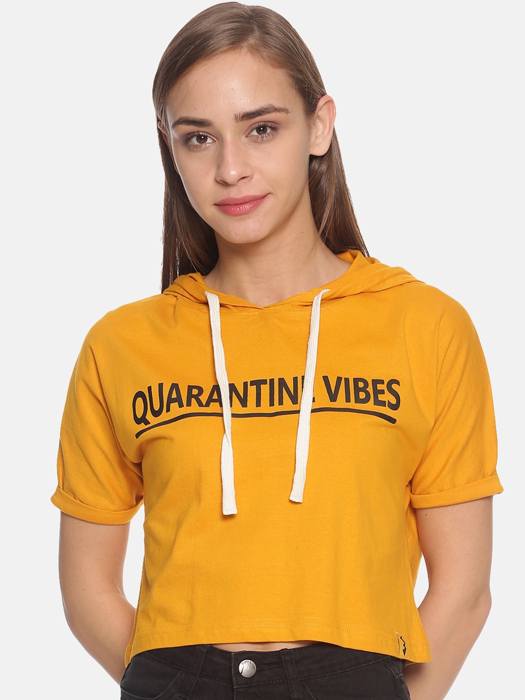 Campus Sutra Women Mustard Printed Pure Cotton Top