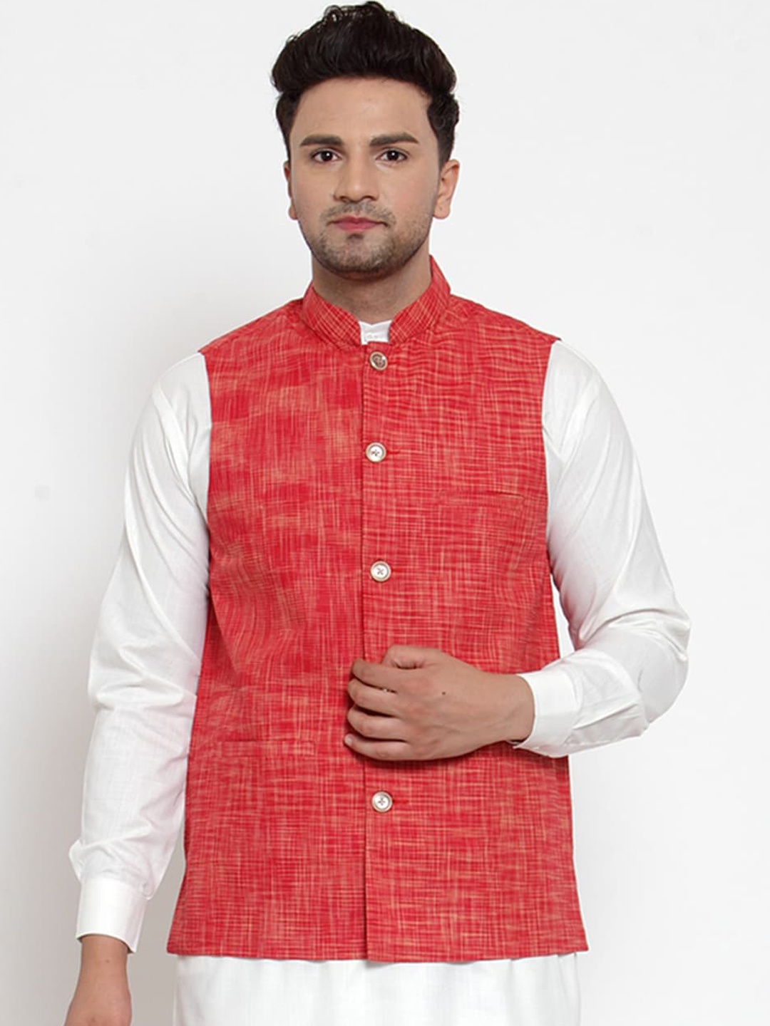 

Jompers Men Red Woven Design Pure Cotton Nehru Jacket