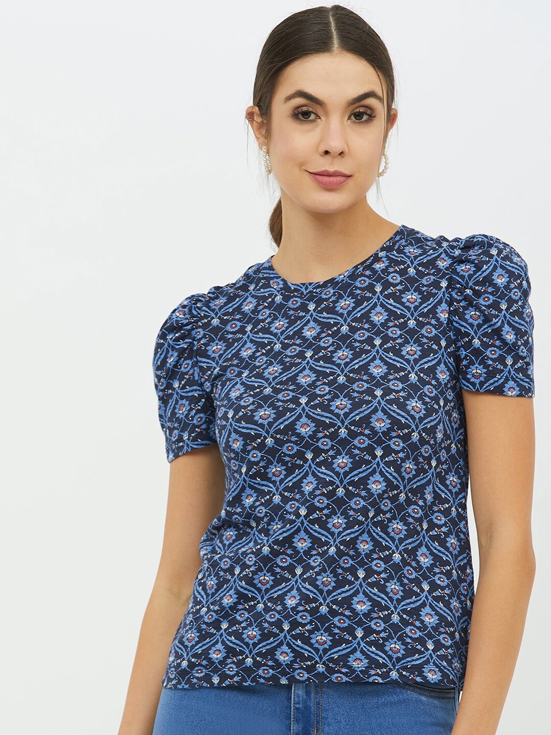 

Harpa Women Navy Blue Printed Round Neck T-shirt