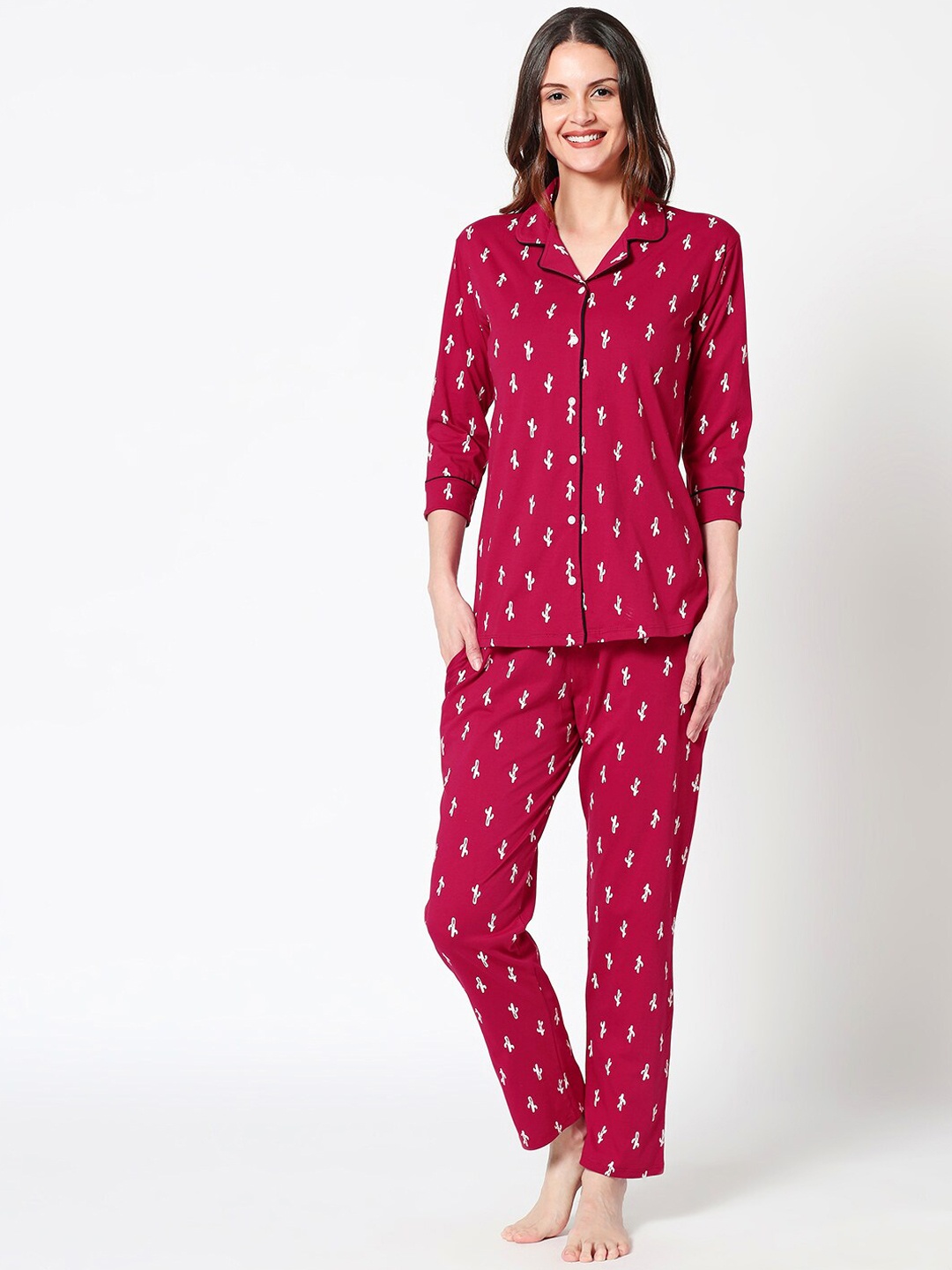 

Zeyo Women Red & White Printed Night suit