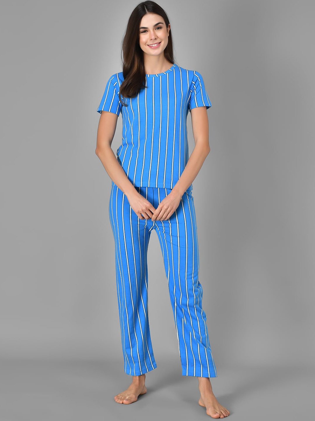 

Kotty Women Blue & White Striped Night Suit