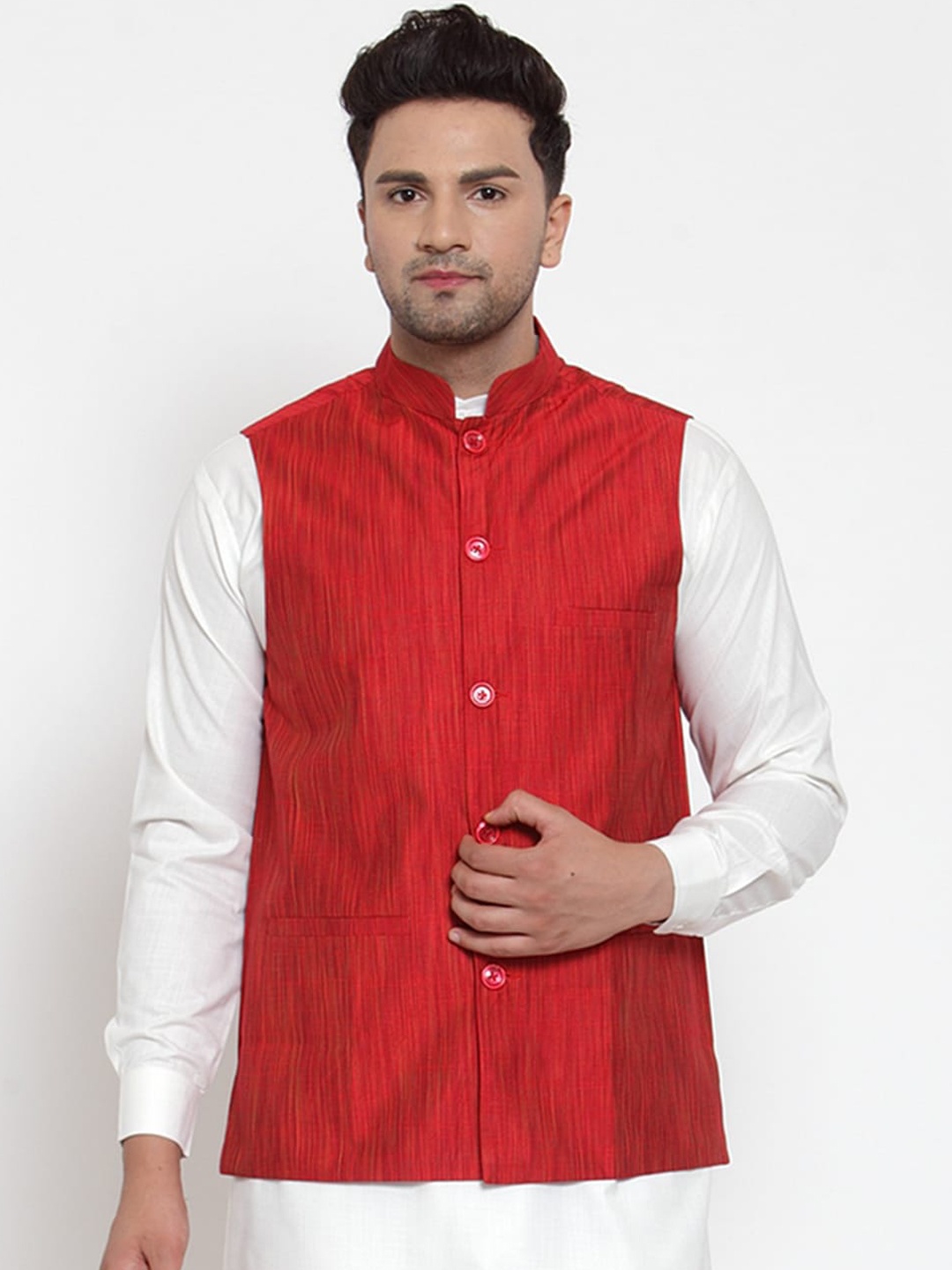 

Jompers Men Red Woven Design Pure Cotton Nehru Jacket