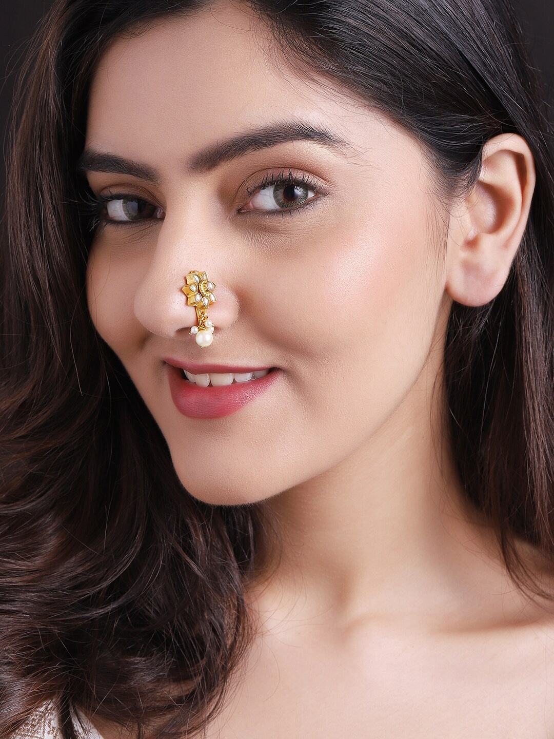 Rubans 24K Gold-Plated White Kundan-Studded Beaded Handcrafted Nosepin