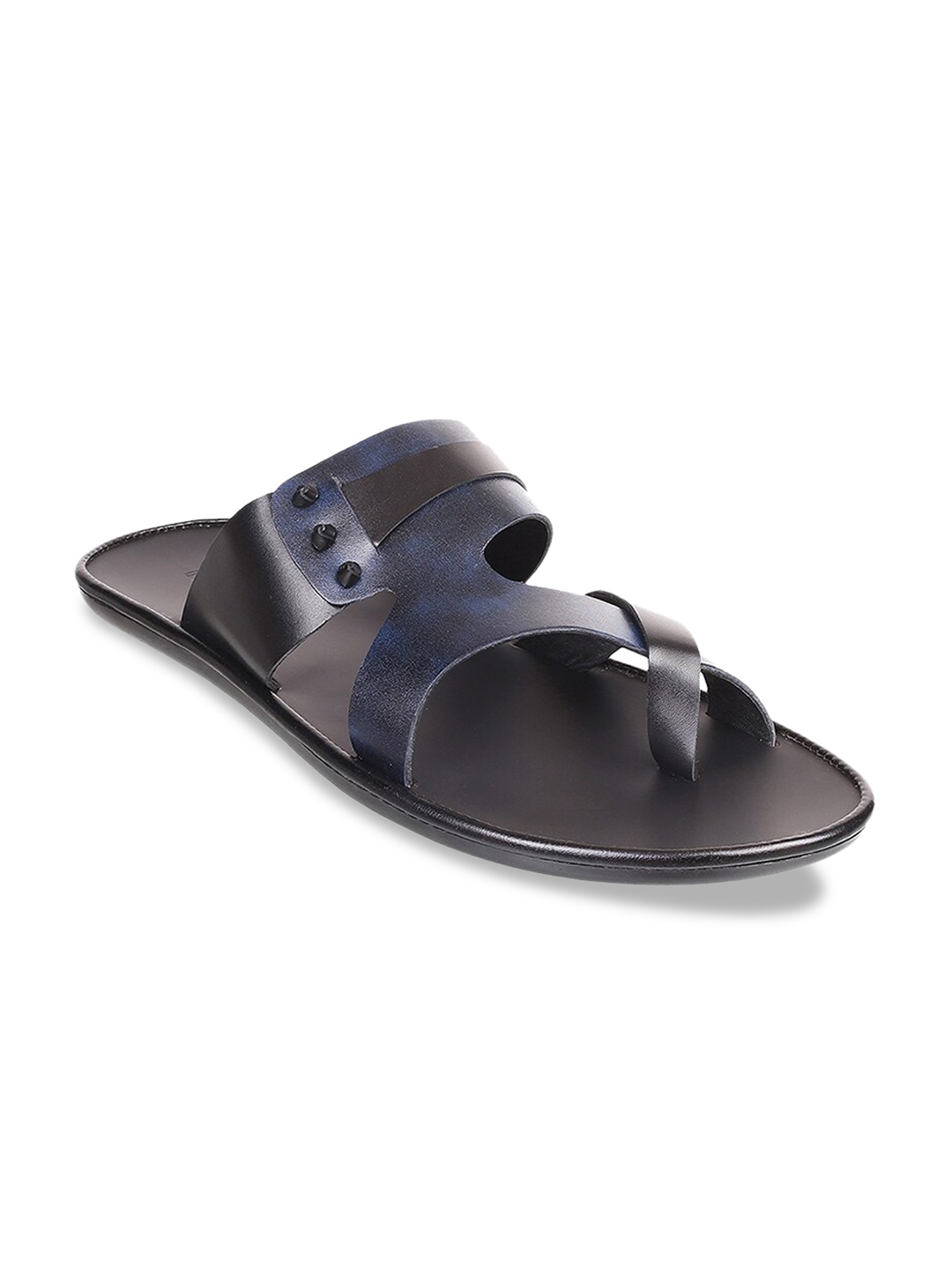 

Mochi Men Blue & Black Solid Leather Comfort Sandals