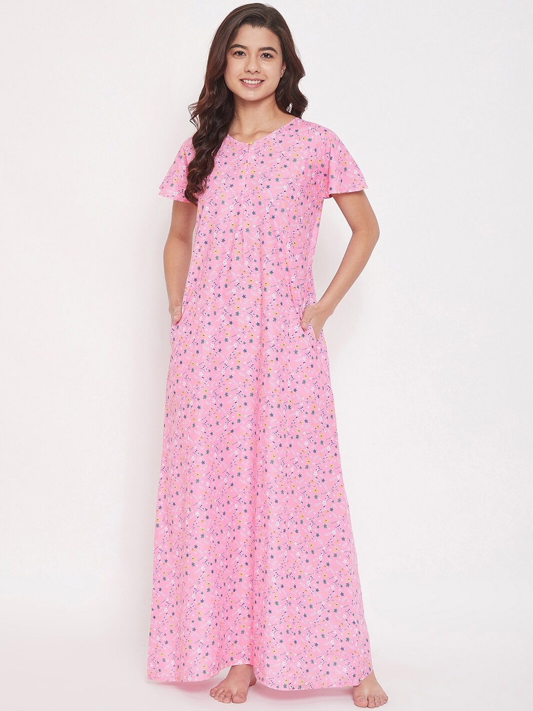 

The Kaftan Company Women Pink & Blue Printed Maxi Nightdress