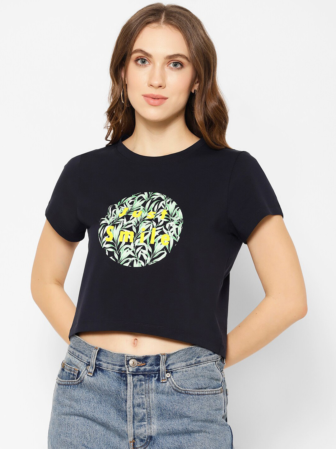 

COASTLAND Women Navy Blue & Yellow Printed Round Neck T-shirt