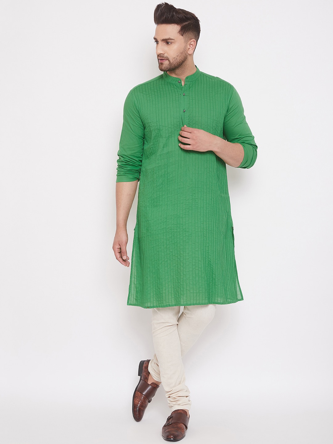 

even Men Green Striped Straight Kurta