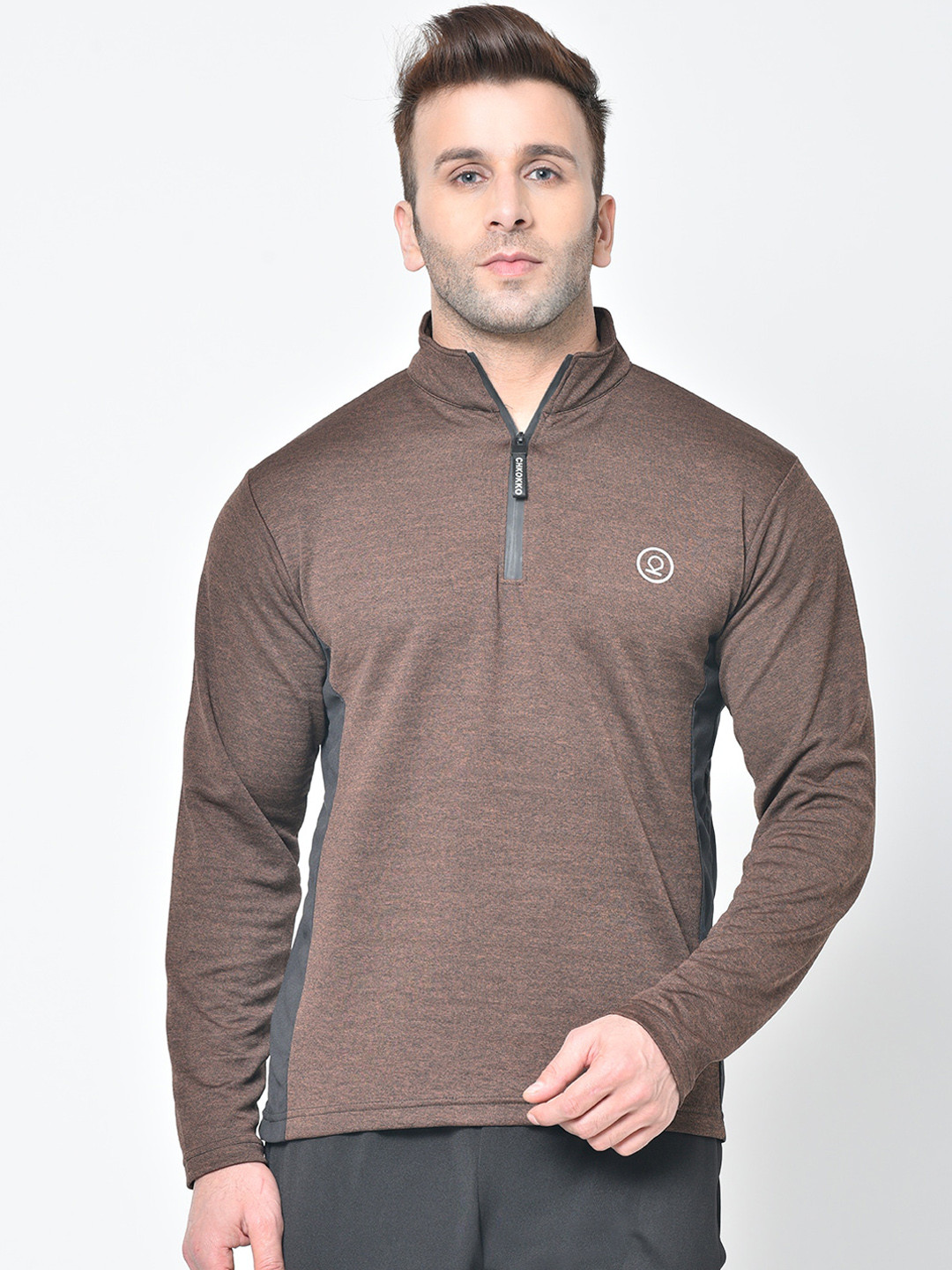 

CHKOKKO Men Brown Solid High Neck T-shirt