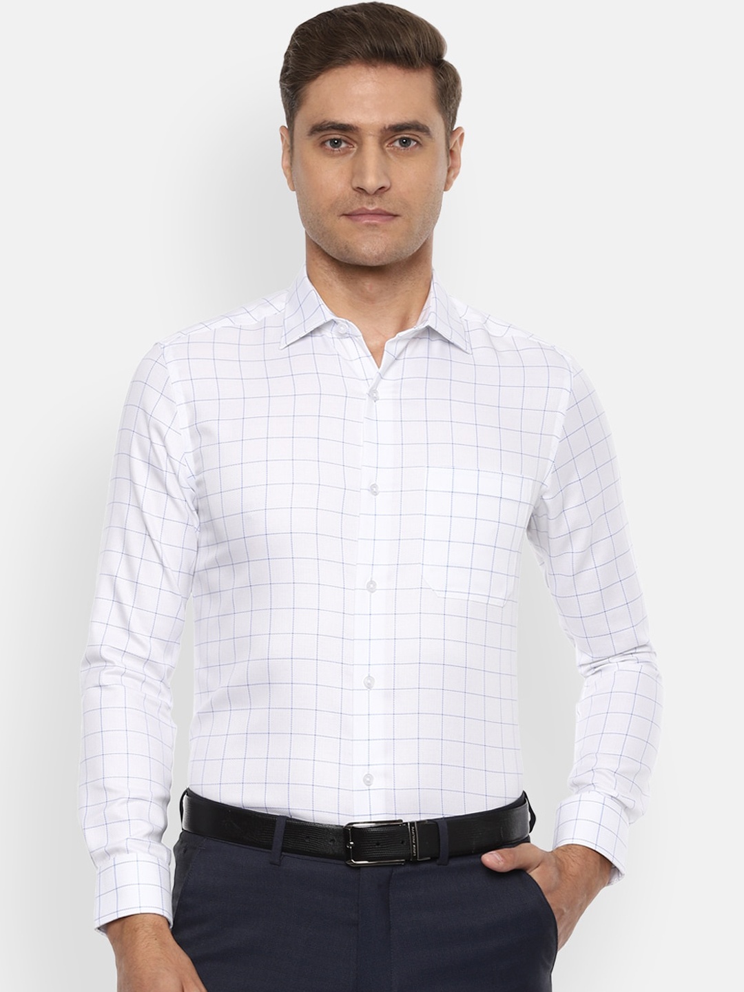 Louis Philippe Permapress Men White & Blue Regular Fit Checked Formal Shirt