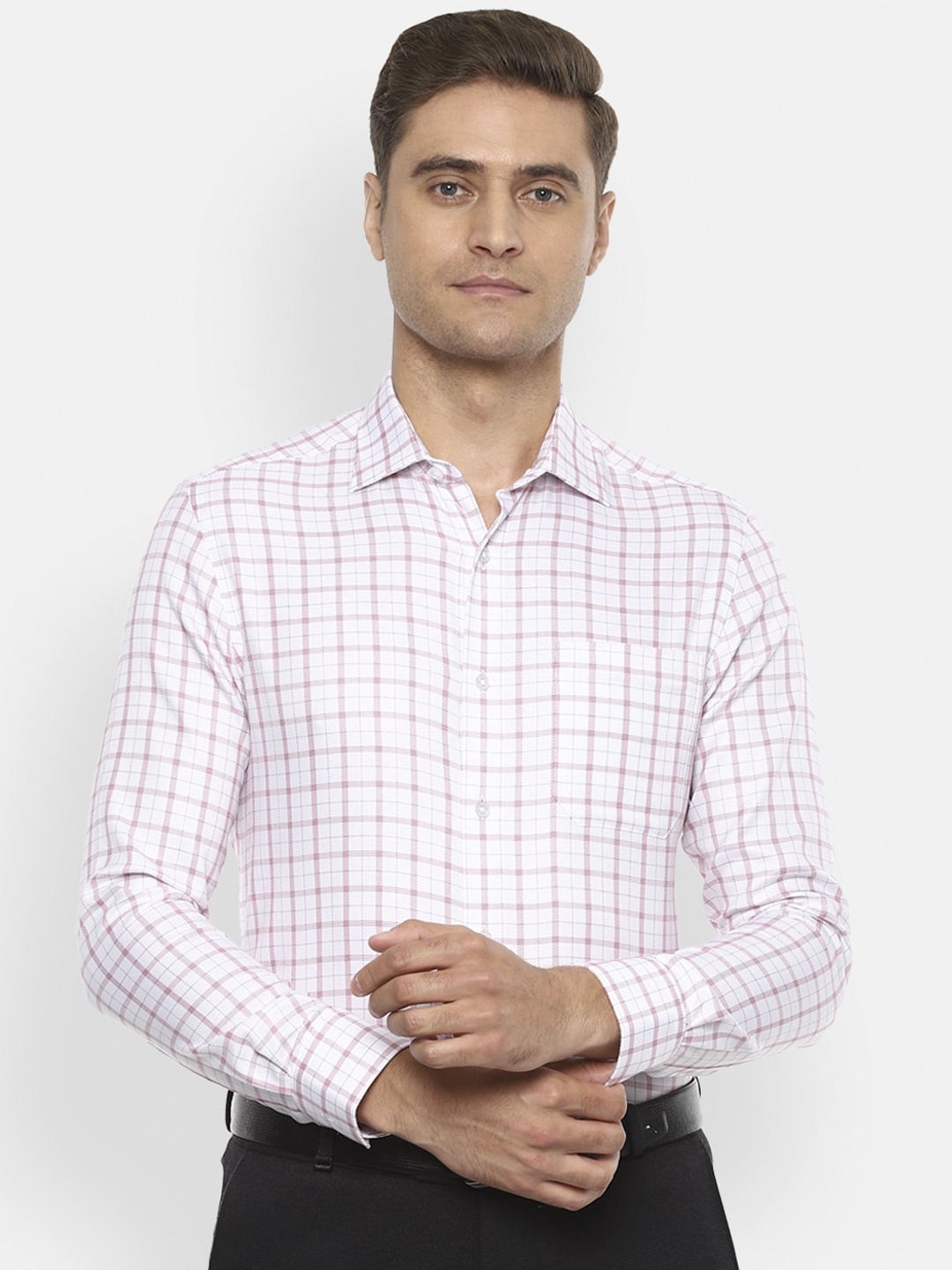 

Louis Philippe Permapress Men White & Pink Regular Fit Checked Formal Shirt