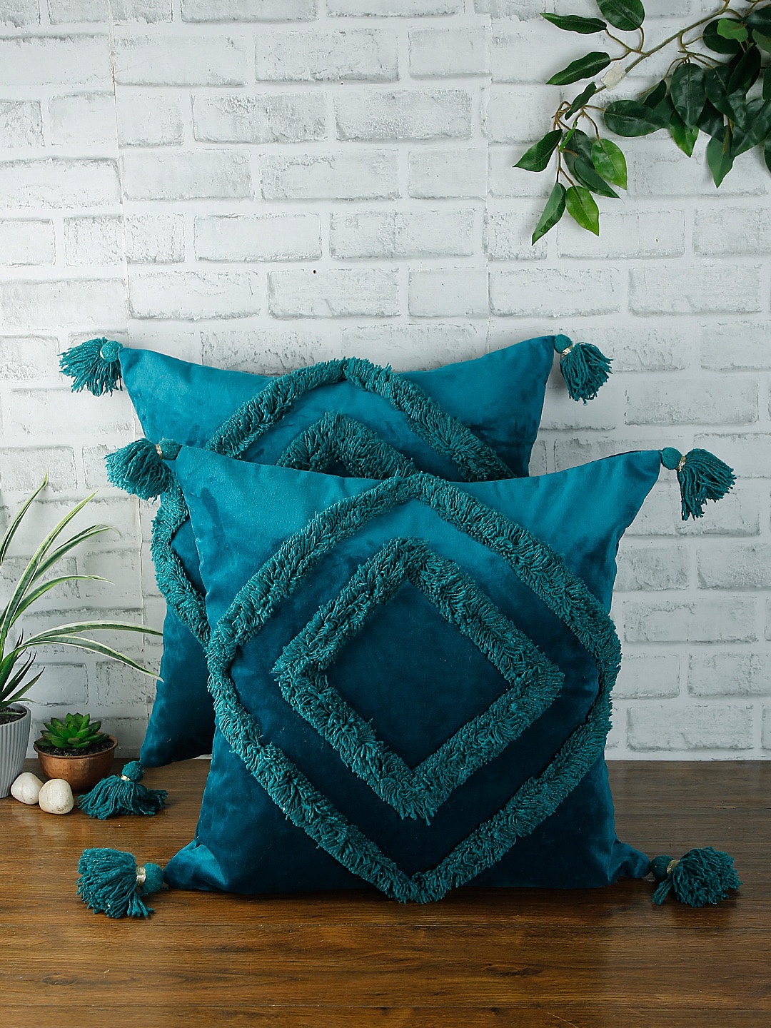 

eyda Set of 2 Teal Blue Textured Square Velvet Sustainable Cushion Covers