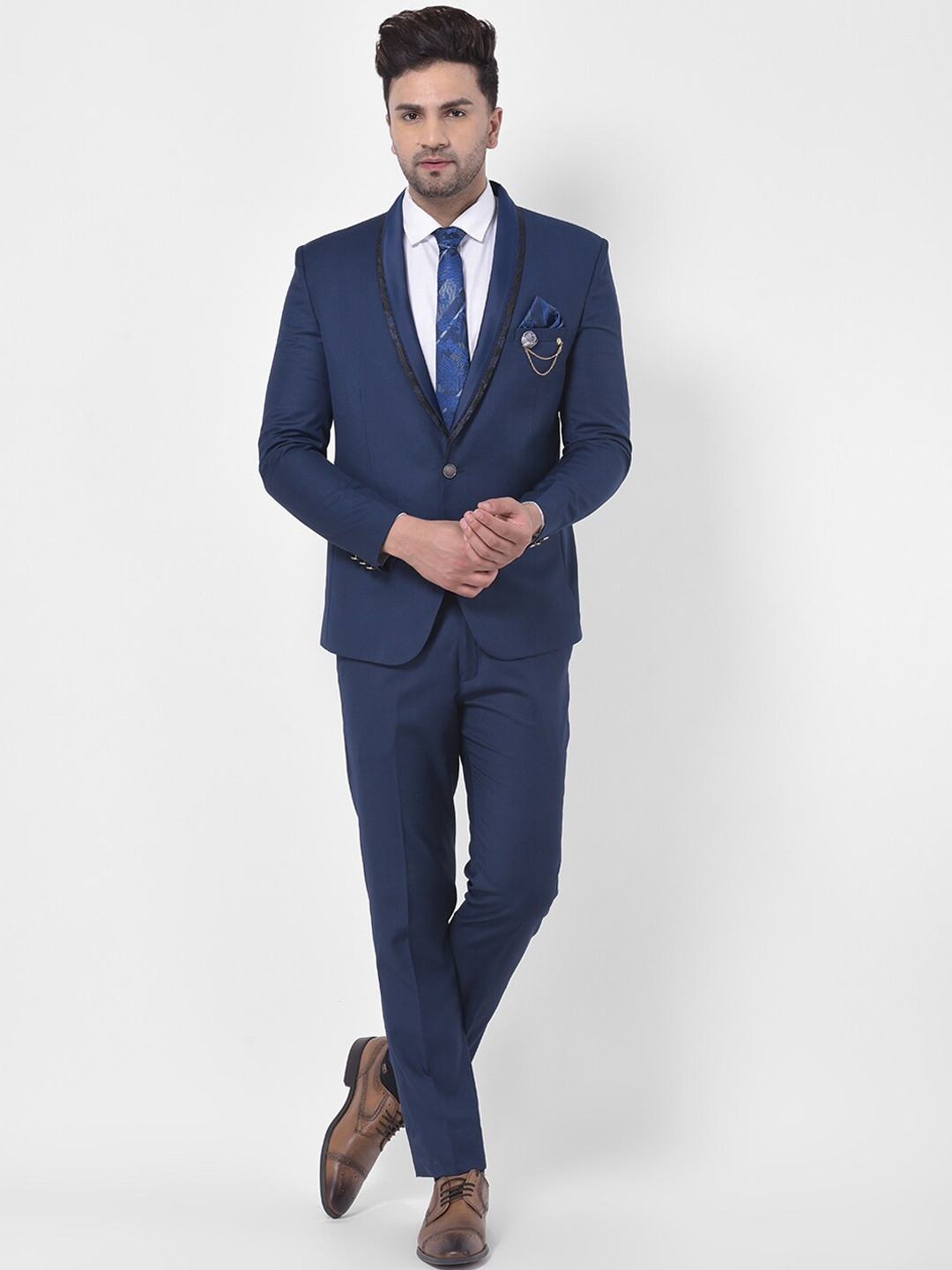 

LUXURAZI Men Blue Solid Tailored-Fit Single-Breasted Two-Piece Party Suit