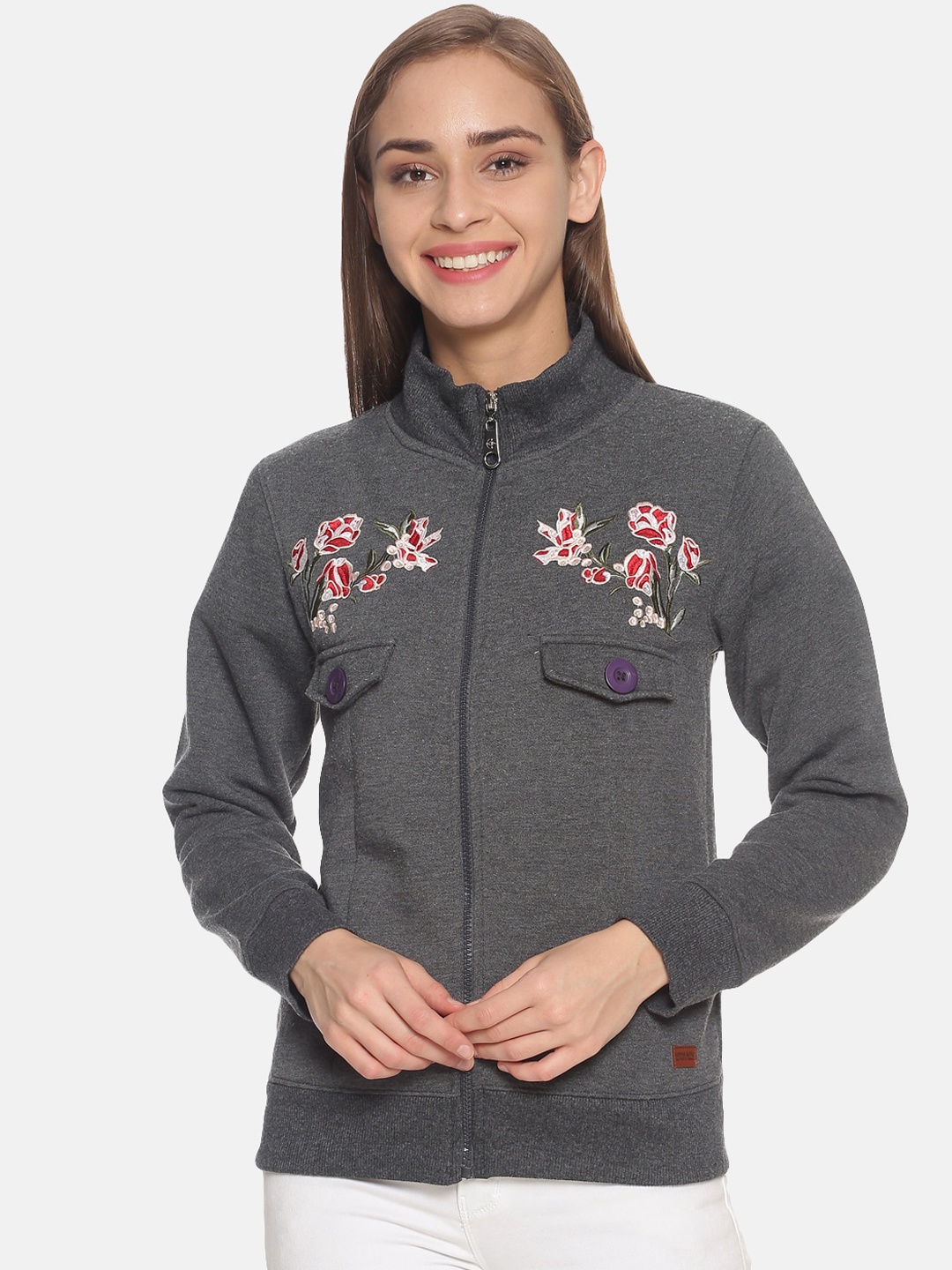 Campus Sutra Women Charcoal Grey Solid Cotton Sweatshirt