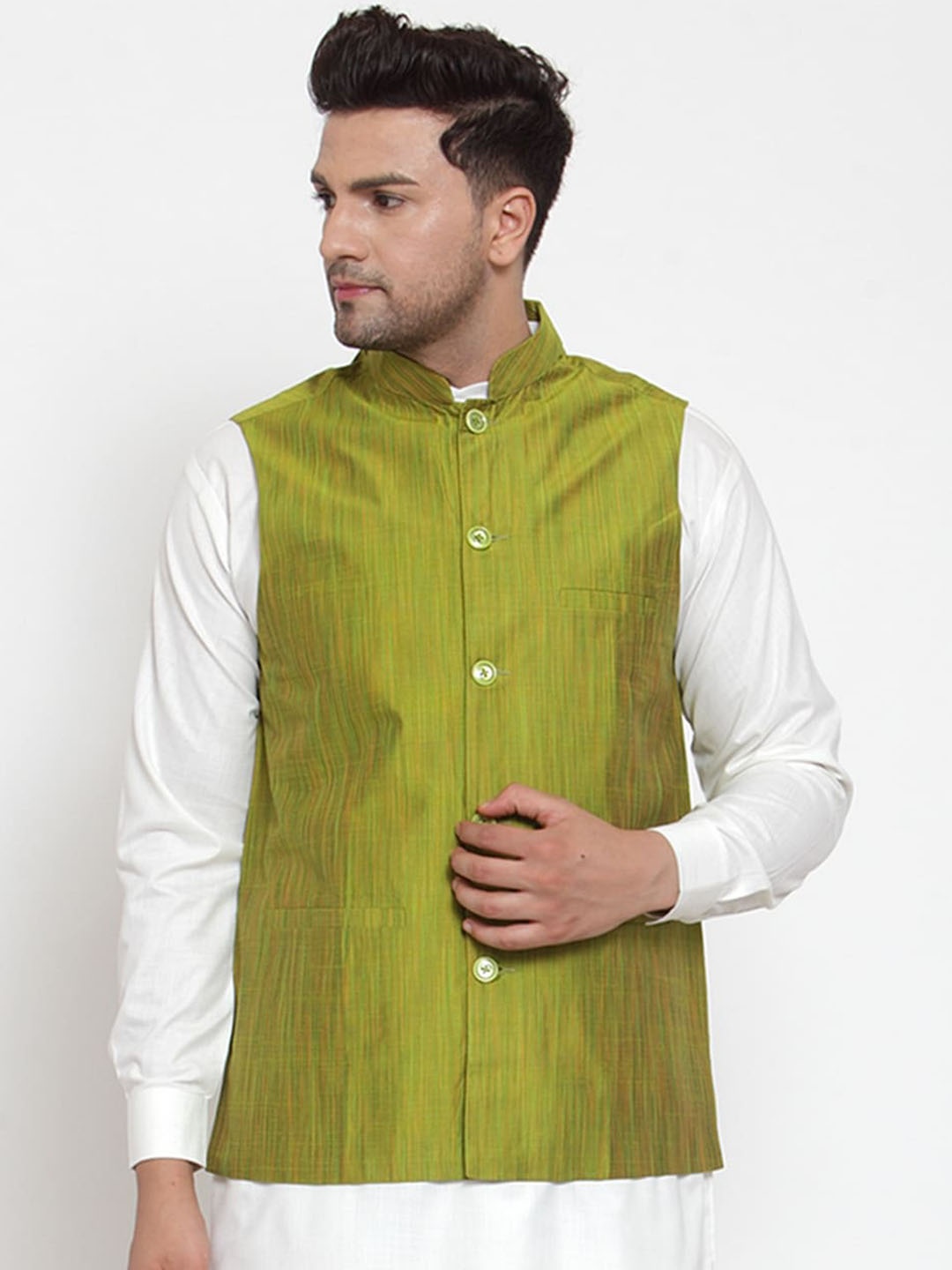 

Jompers Men Green Woven Design Pure Cotton Nehru Jacket