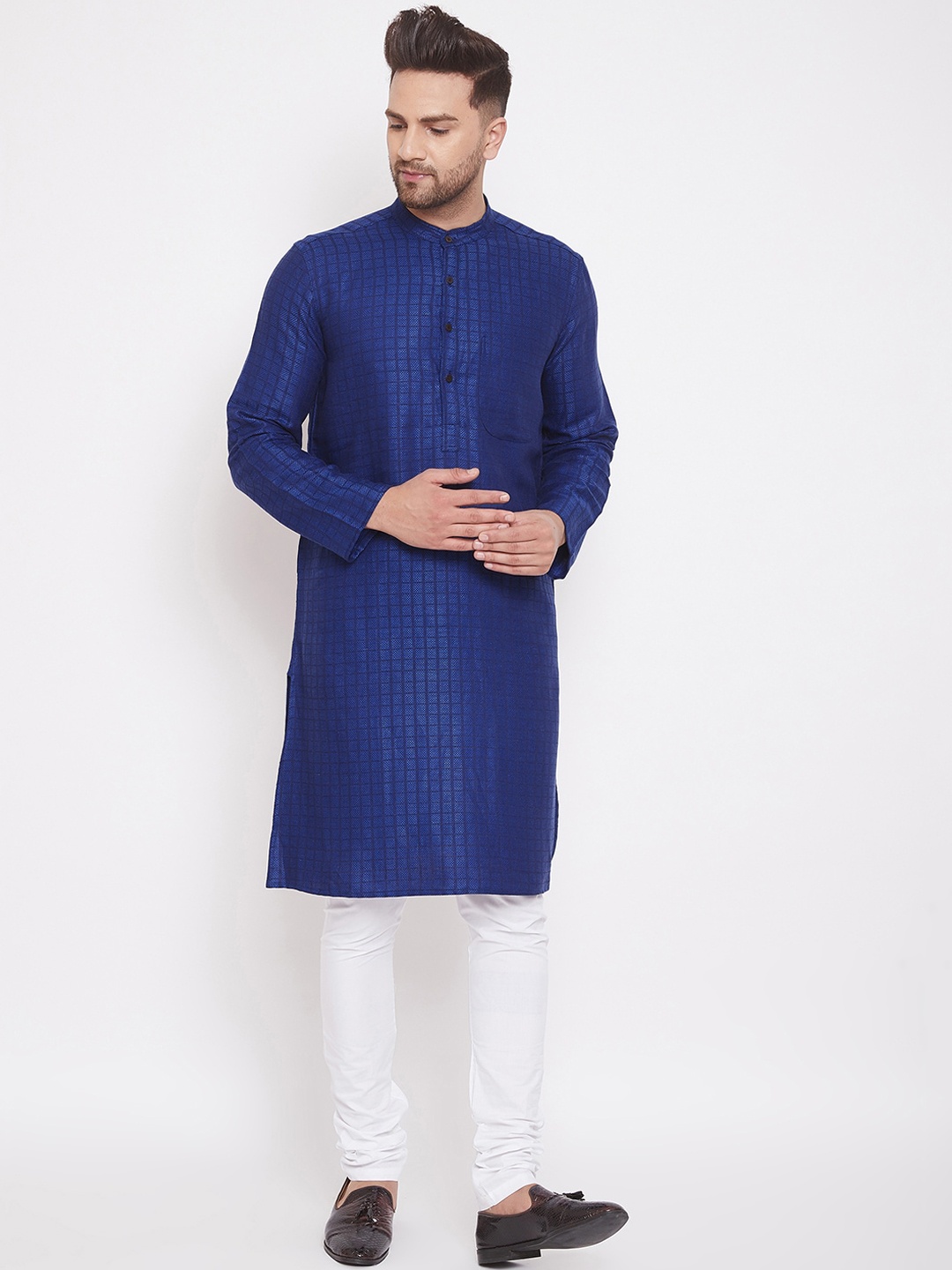 

even Men Blue Checked Straight Kurta