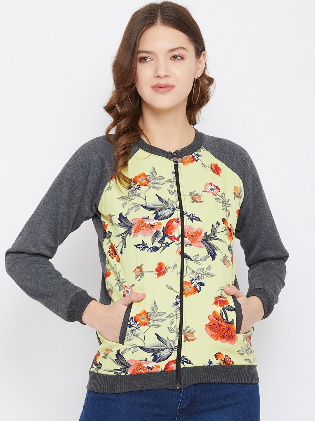 

PURYS Women Grey Printed Bomber