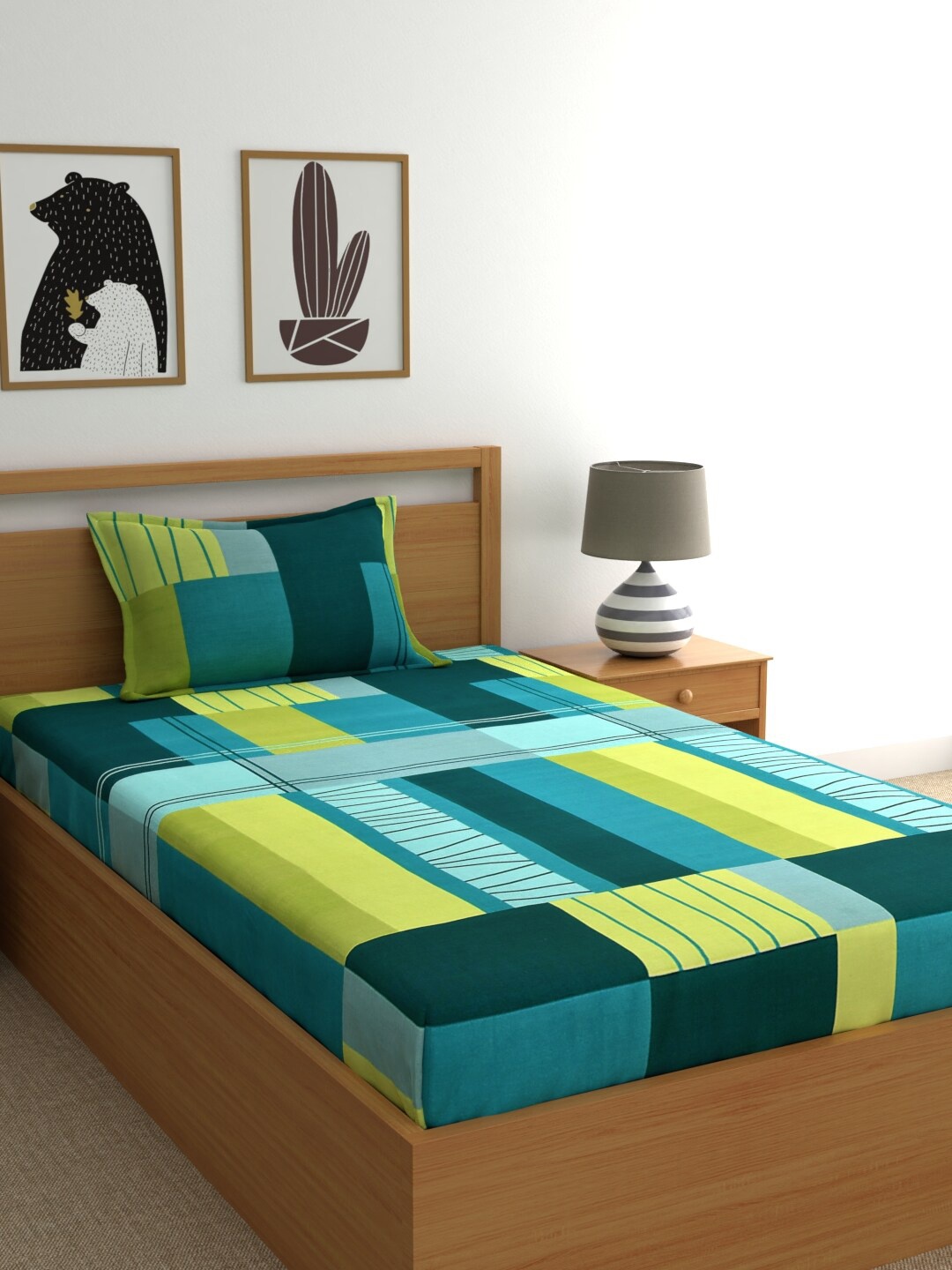 

Dreamscape Green & Blue Printed 144 TC 1 Single Bedsheet With 1 Pillow Cover