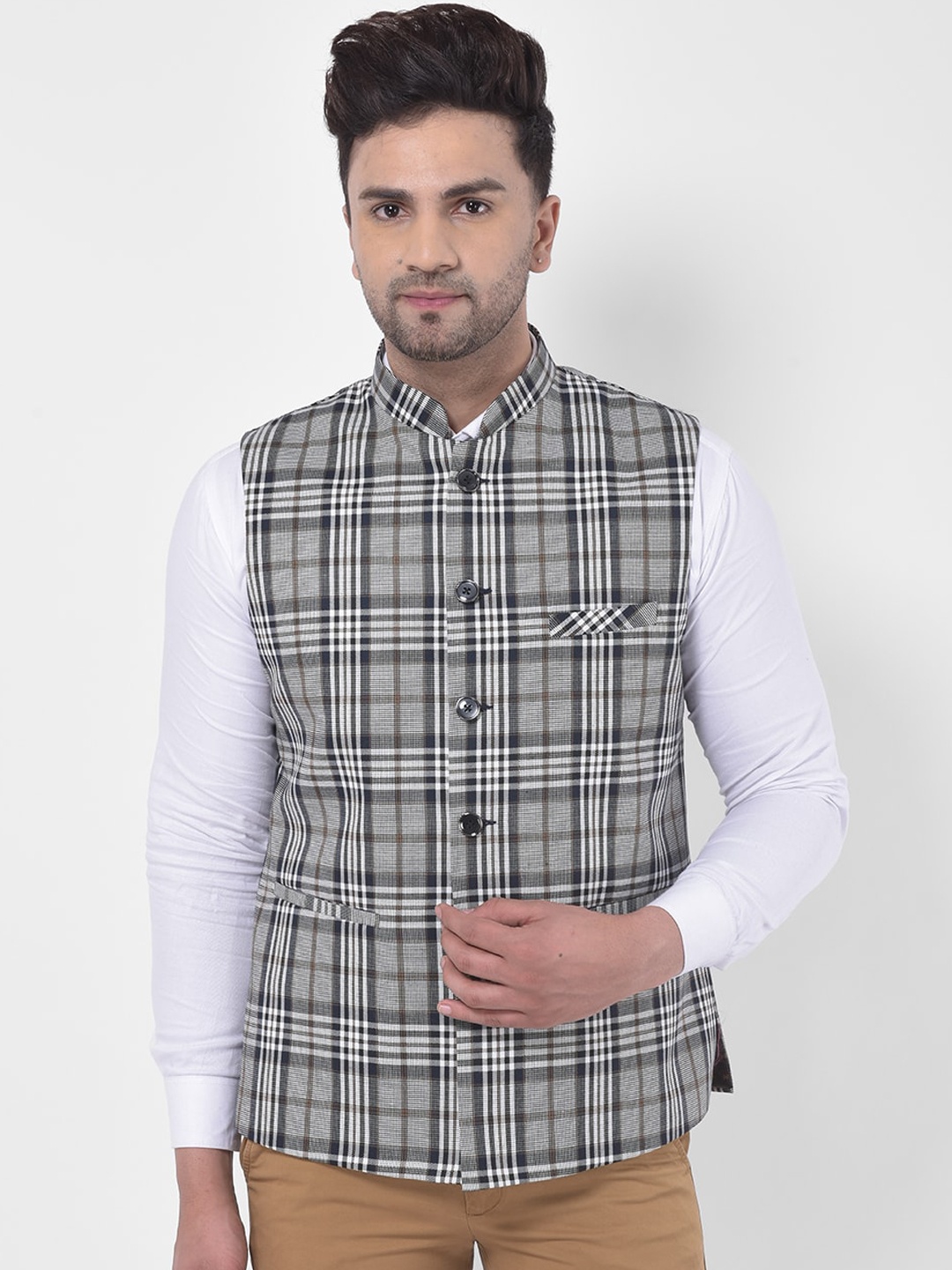 LUXURAZI Men Grey & White Checked Woven Nehru Jacket