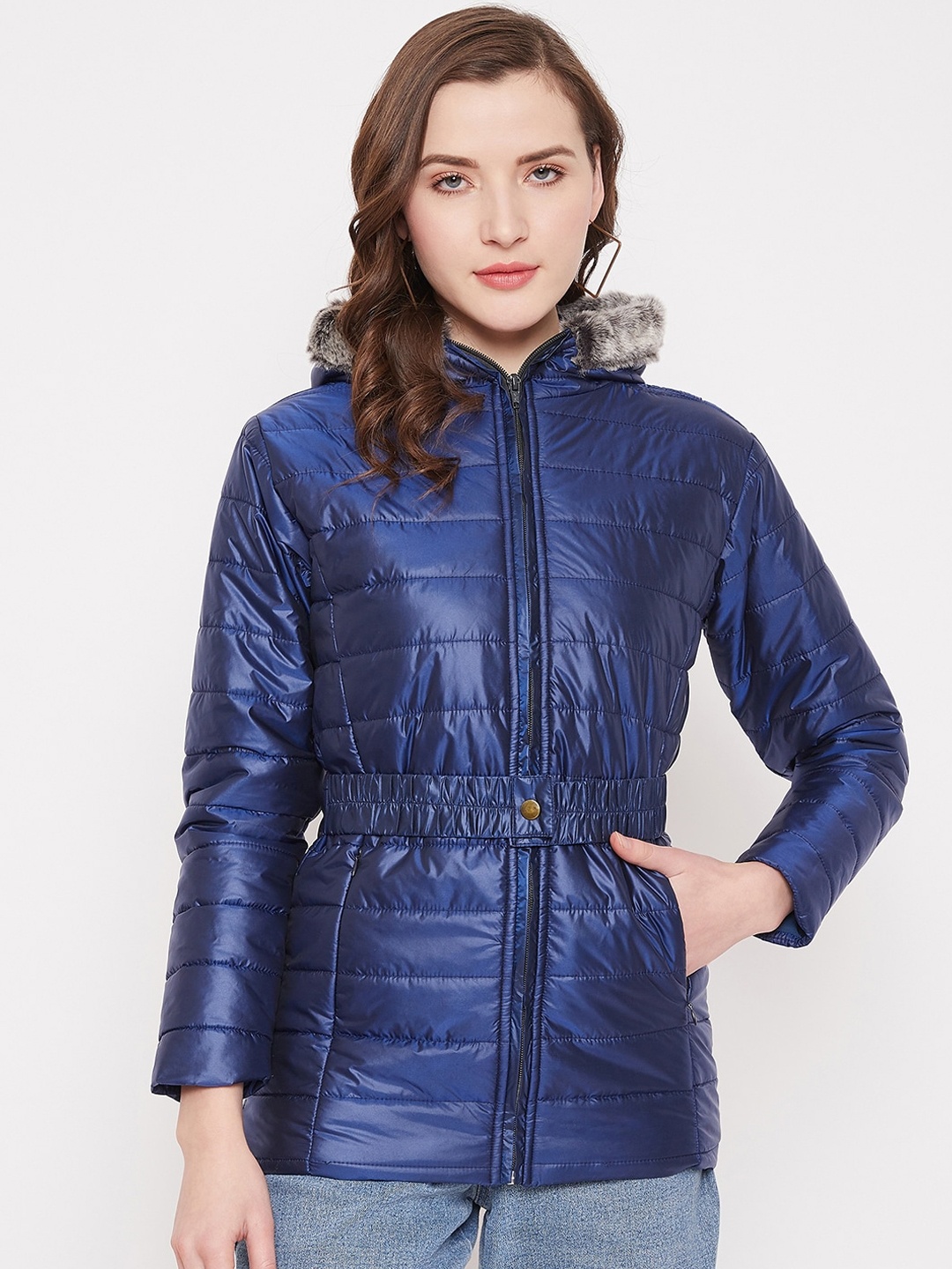 

JUMP USA Women Blue Printed Windcheater and Water Resistant Quilted Jacket