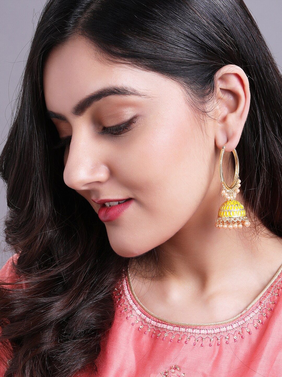 

Rubans Gold-Plated & Yellow Dome Shaped Jhumkas