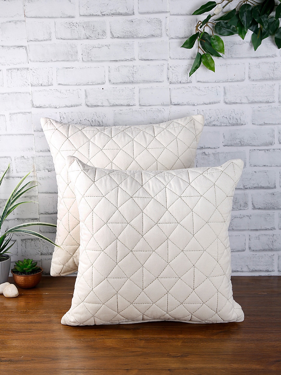 eyda Set of 2 Off White Textured Square Velvet Sustainable Cushion Covers