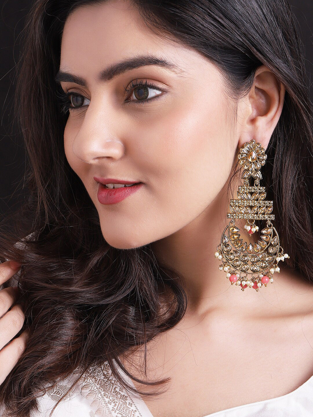 

Rubans Gold-Plated & Pink Kundan Contemporary Drop Earrings