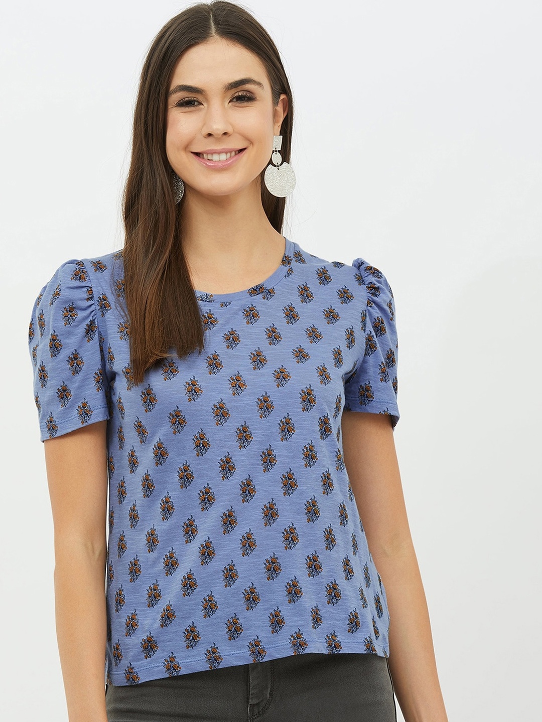 

Harpa Women Blue Printed Round Neck Pure Cotton T-shirt