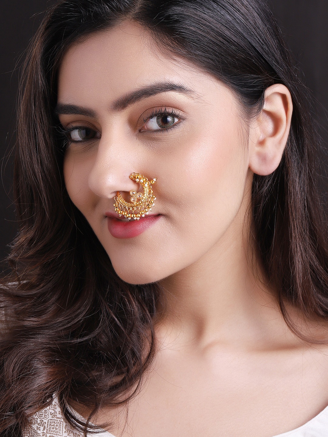 

Rubans Women 24k Gold-Plated White Beaded Handcrafted Clip-On Nose Ring
