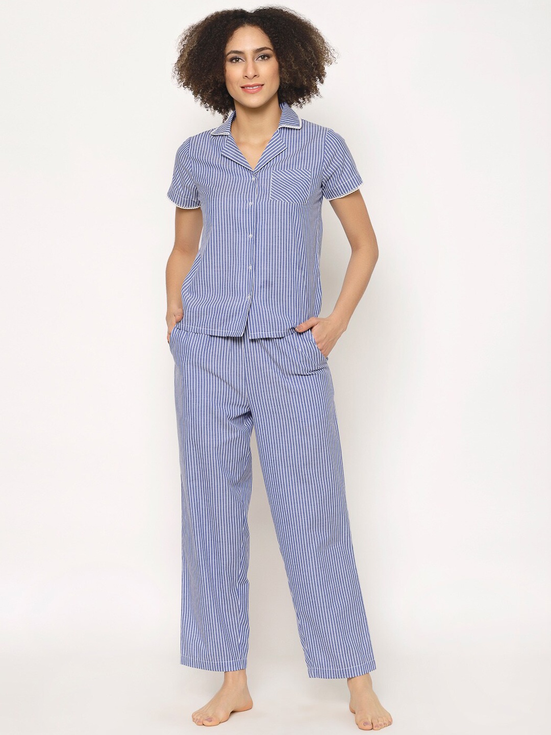 

HOUSE OF KKARMA Women Blue & White Striped Night Suits