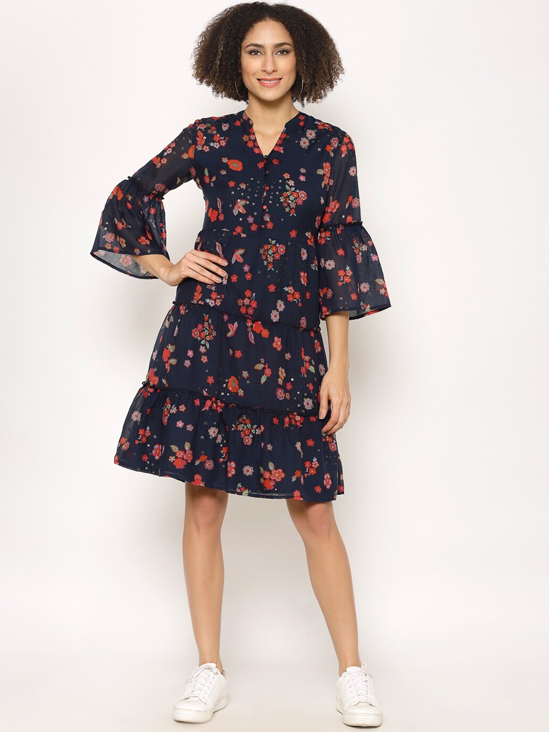 

HOUSE OF KKARMA Women Navy Blue Printed A-Line Dress