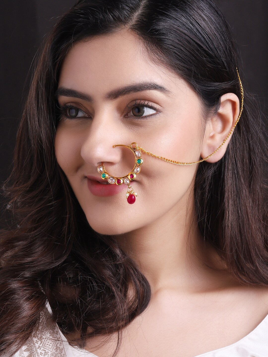 

Rubans 24K Gold-Plated Red & Green Kundan & Stone Studded Handcrafted Chained Nose Ring
