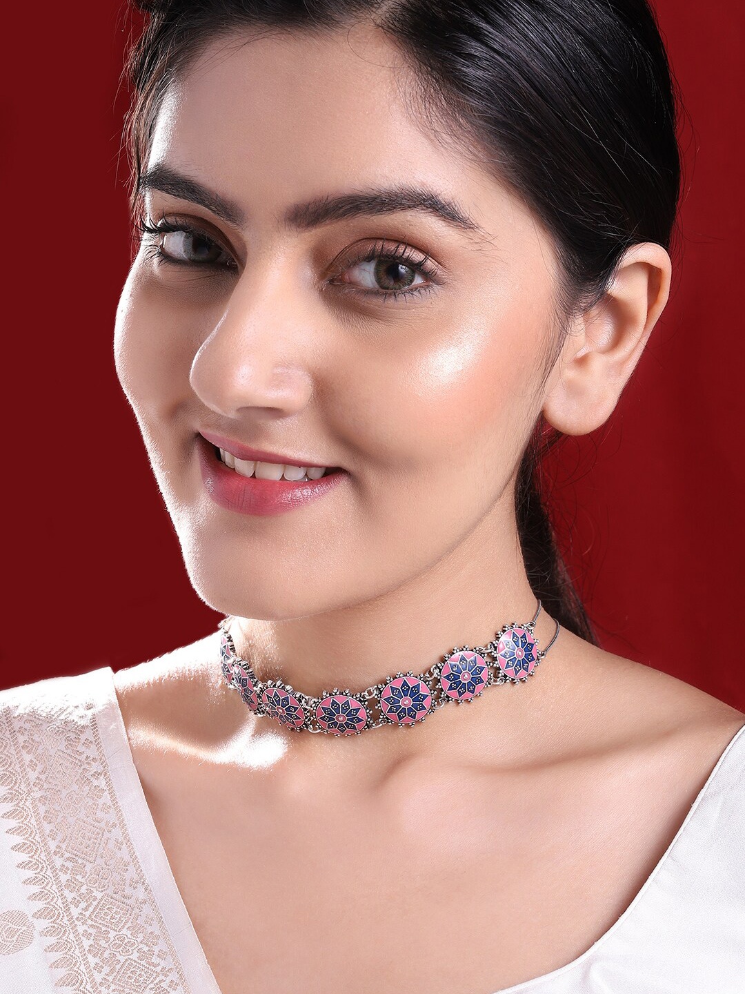 

Rubans Silver-Plated Pink & Blue Hand Painted Choker Necklace