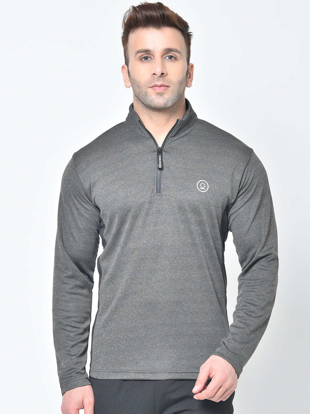 

CHKOKKO Men Grey Melange Solid High Neck Gym T -Shirt