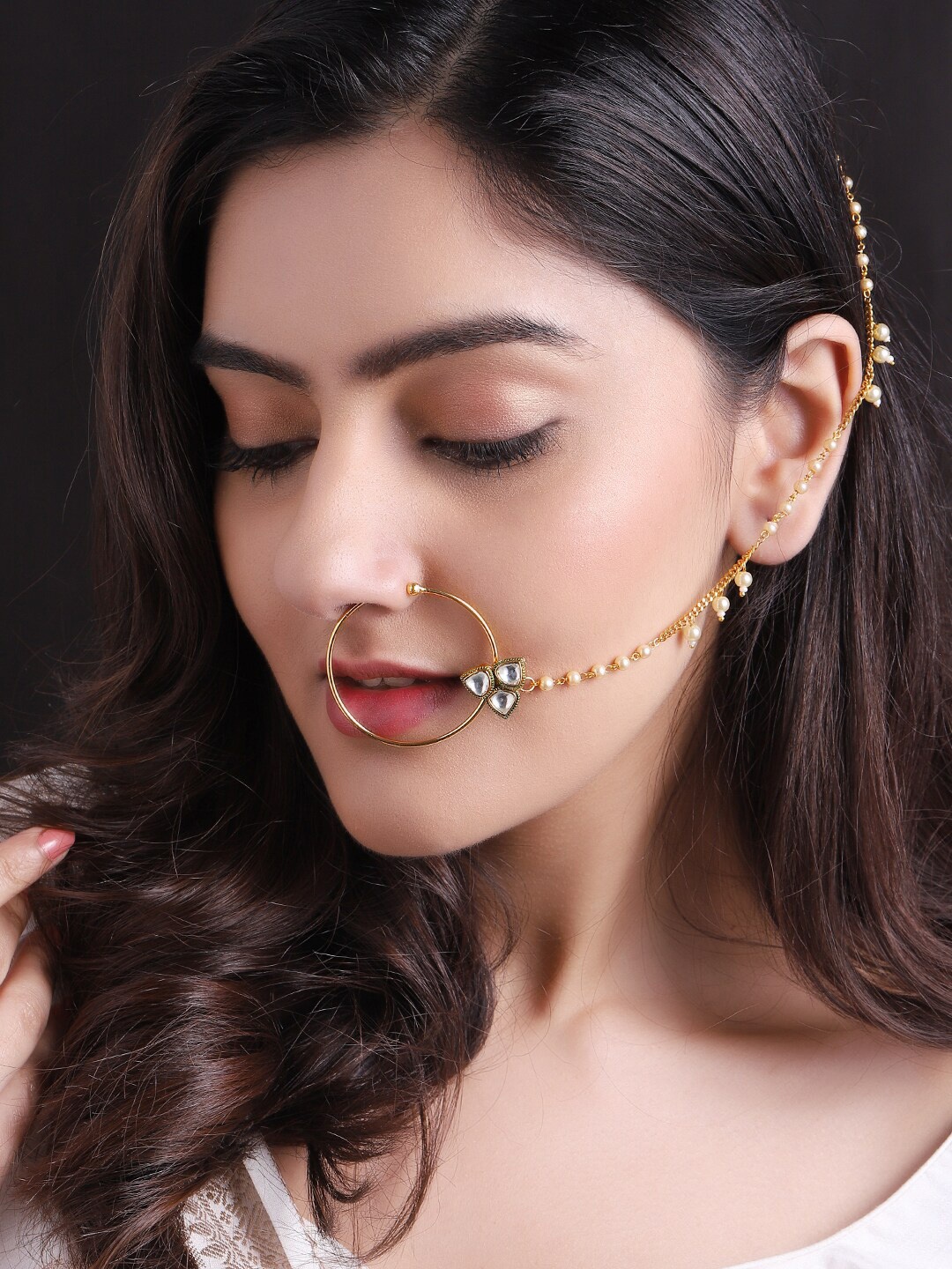 

Rubans 24K Gold-Plated White Kundan-Studded Beaded Handcrafted Nose Ring With Chain
