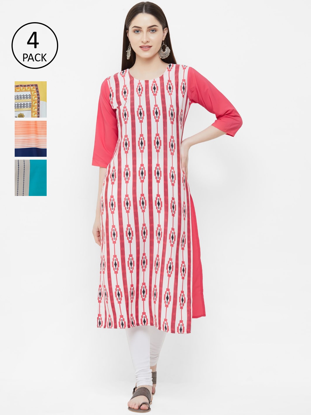 

7Threads Women Pack Of 4 Printed Straight Kurtas, White