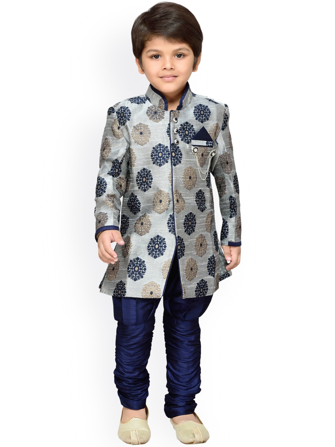

Aj DEZInES Boys Grey & Blue Sherwani Set