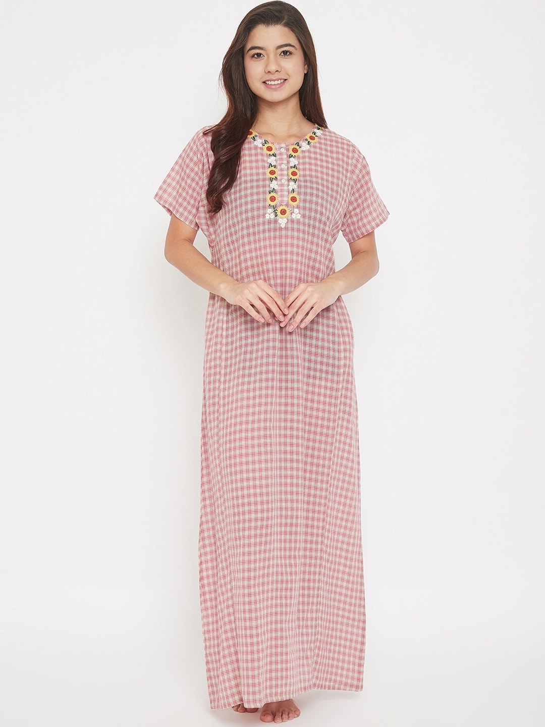 

The Kaftan Company Women Red & Grey Checked Maxi Nightdress
