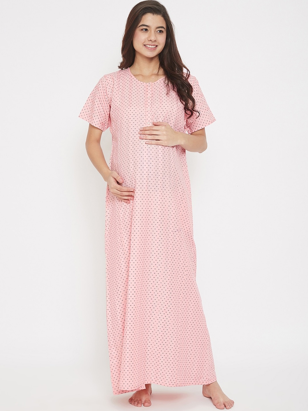 

The Kaftan Company Women Pink & Black Printed Maxi-Length Maternity Nightdress